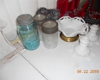 Early Canning Jars, Milk Glass Candle holders, Milk Glass Console Bowl with brass Base