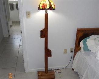 Mid Century Leaded Glass Lamp with Bamboo Base
