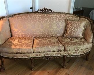 Formal French Sofa with carved frame in Gold Brocade Fabric