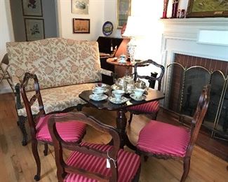 French Settee, Tea Table and Antique Chairs