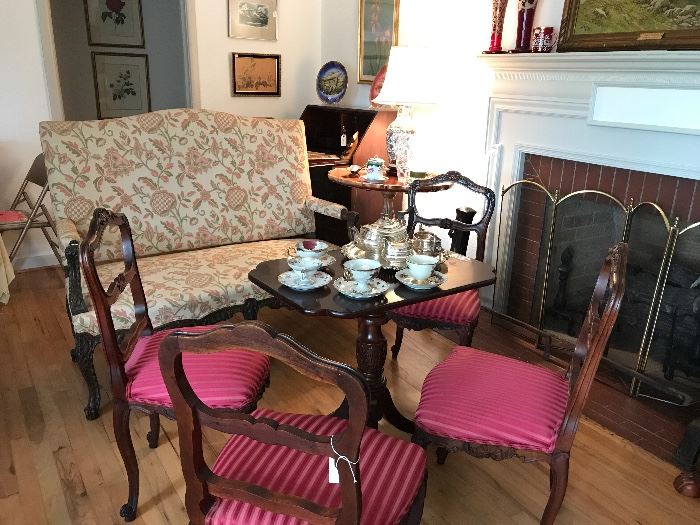 French Settee, Tea Table and Antique Chairs