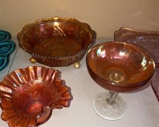 The lovely pieces of carnival glass.