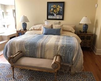 Bed, Linens, Side Tables, Lamps, Carpet, Bench w/ Rolled Arms
