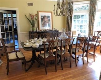 Triple Pedestal Dining Table w/ 10 Chippendale Style Chairs