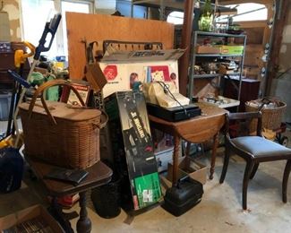 Hedge Trimmer, Tables, Chair, Picnic Basket