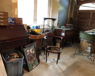 Slant Front Desk, Marble Top Commode, Planter