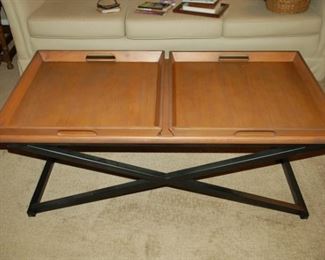 Wood metal cocktail table, Hecho , 48" W , 24" D x 19" H
