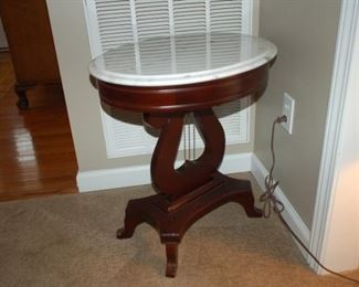 Marble top, harp, oval side table, 18" W x 22" L x 24" H

