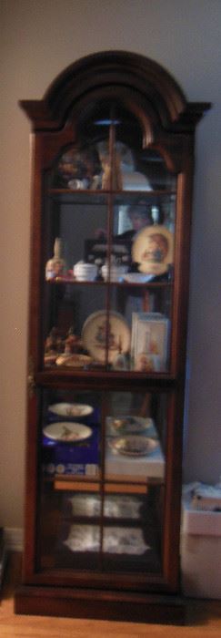 Tall, lighted curio cabinet with back mirror.