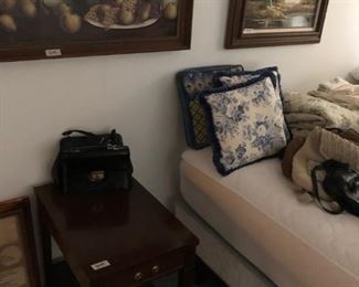 End table, vintage purses, art