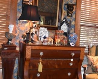 Empire chest, sculpture, bust, needlepoint pillows, lamps, clocks