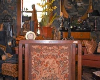 Needlepoint fire screen, Oriental rug, oil paintings, upholstered furniture