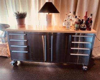 STAINLESS STEEL ROLLING CABINET WITH BUTCHER BLOCK TOP