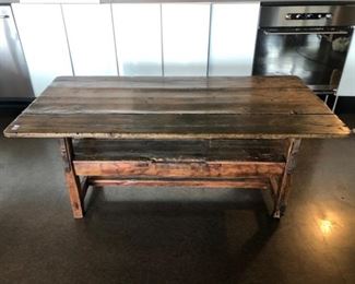 AMERICAN TABLE/BENCH MADE OF PINE PROBABLY EAR;Y 20TH CENTURY MAYBE OLDER WITH BEAUTIFUL STRAP HINGES