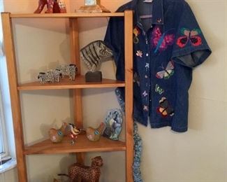 Corner shelf, denim hand embroidered shirt, African carvings & pottery 