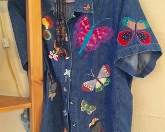 Butterfly hand embroidered denim top