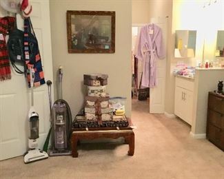 2 vacuums, robes, scarves, art, stool