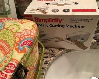 Rotary cutting machine, pretty paisley floral sewing basket with contents 