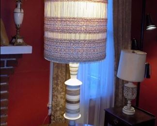 Midcentury Lamp with Original Shade and Wooden Finial