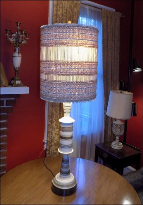 Midcentury Lamp with Original Shade and Wooden Finial