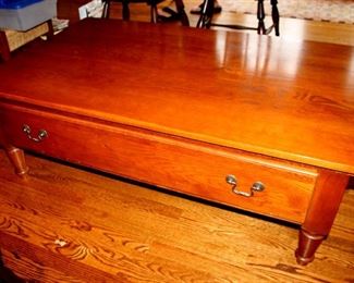 ONLINE AUCTION ITEM #3 - Keller oak coffee table with drawers on each side - approximately 50" long, 30" wide, 18" tall.