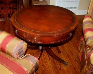 ONLINE AUCTION ITEM #4 - Leather top drum side table - approximately 32" diameter.