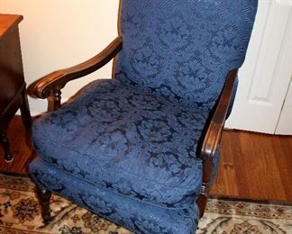 ONLINE AUCTION ITEM #8 - Blue upholstered armchair with wood arms / legs