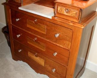 ONLINE AUCTION ITEM #12 - Antique marble top dresser - approximately 38" long, 17.5” wide, 37" tall.
