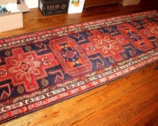 ONLINE AUCTION ITEM #26 - Red / blue Oriental runner - approximately 3.5 feet x 10.75 feet.
