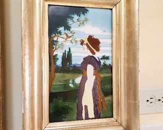 ONLINE AUCTION ITEM #49 - Fabulous Art Nouveau tile designed by Carl Luber for Johann von Schwarz, Germany - Approximately 15" x 10.5" including frame. Tile measures 11" x 6.5".