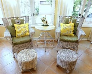 ONLINE AUCTION ITEM #52 - 2 wicker chairs, 2 ottomans, painted rustic table, ceramic rabbit lamp