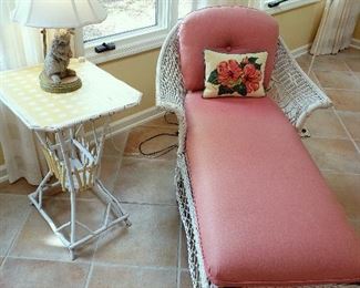 ONLINE AUCTION ITEM #53 - Wicker lounger, painted rustic table, and rabbit lamp