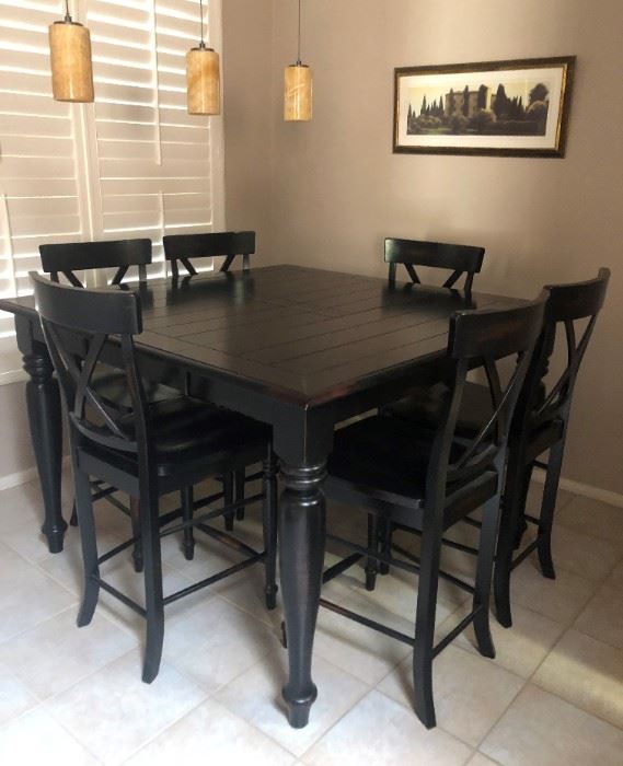 Pub Table w Hide-a-Way Extension and 6 Chairs 