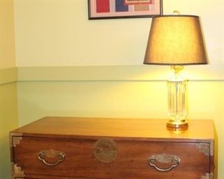 Henredon two drawer chest shown with Waterford lamp and beautiful framed needlepoint.  