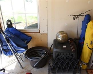 Portable hammock, Joe Boxer bag chairs, garden hose in container and reel, garden items
