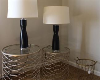 Pair of glass top tables with lamps.  