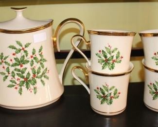 Lenox Holiday china teapot and four cups.  