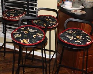 Awesome bar stools with barkcloth cushions.  