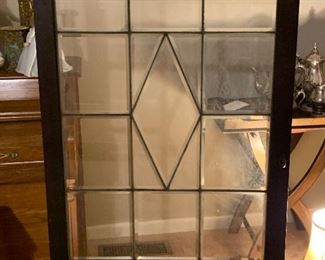 A fabulous 5 foot by 3 foot cabinet door with cut leaded glass . Great condition with hinges and Handel but dirty.