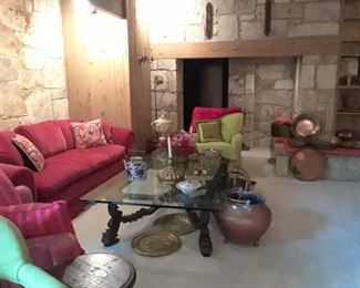 Opps - forgot this sofa - seven in all. Don't miss the downstairs. Copper, a table full of candlesticks and another full on pairs of lamps. Also stemware and fabulous exotic copper and brass accent pieces.