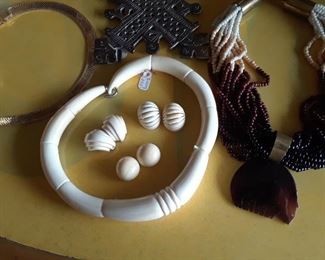 Ivory and designer bead necklaces and earrings.