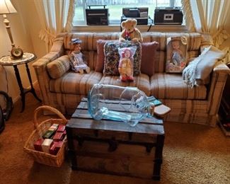 LARGE GLASS PIG. OLD TRUNK, IDEAL SAUCY WALKER DOLL, OLD RADIOS, VINTAGE HALLMARK CHRISTMAS ORNAMENTS