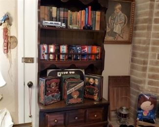 BOOKS, LUNCH BOX TINS, WHISKEY TINS, IRON GNOME