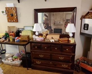 DRESSER WITH MIRROR,  JEWELRY BOXES, STAMP WALL CLOCK