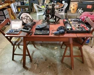 DRAW LEAF TABLE & 2 CHAIRS....CIRCULAR SAW, DRILLS, BITS, & WRENCHES