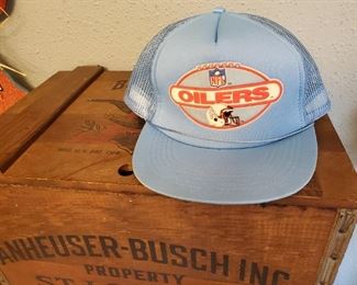 VINTAGE NFL OILERS CAP...WOOD ANHEUSER-BUSCH CHEST BOX
