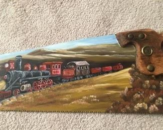 Dramatic Train Scene Painted on a Hand-Saw!