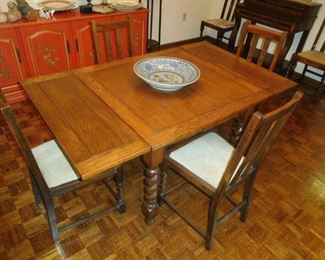 Antique oak barley twist pub table with 6 chairs