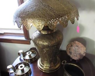 Early 1900s brass filigreed Syrian lamp with silk underside