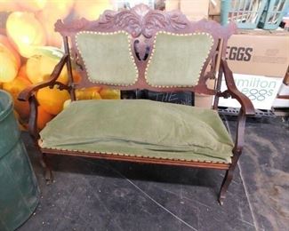 Antique solid wood studded settee love seat original fabric 